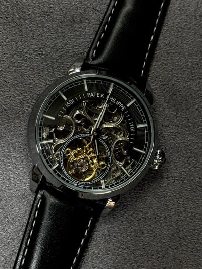 AAA(copy) Patek Philippe skeleton watch with a black leather strap._img_0