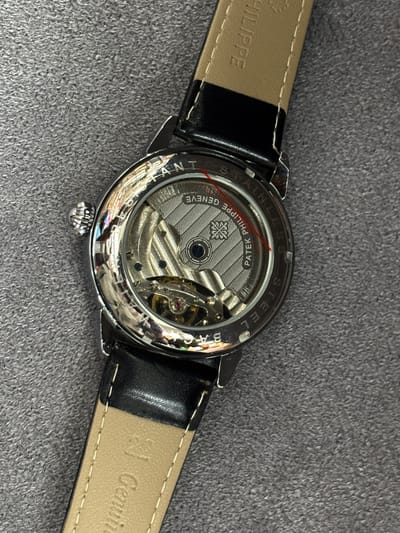 AAA(copy) Patek Philippe skeleton watch with a black leather strap._img_2