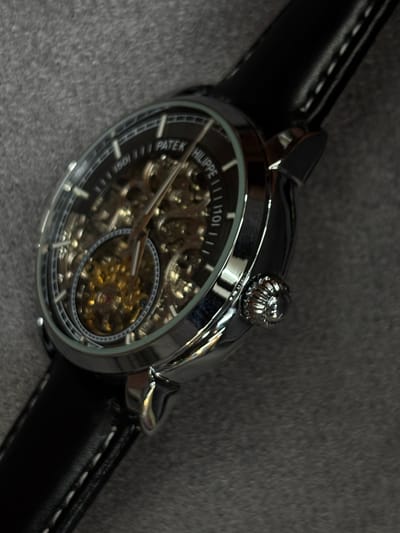 AAA(copy) Patek Philippe skeleton watch with a black leather strap._img_4